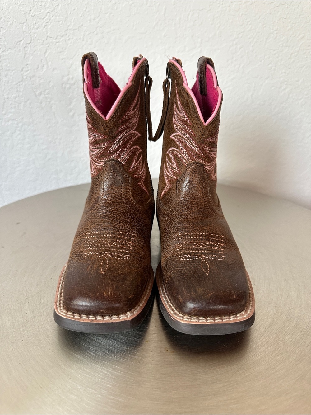 Ariat - Firecatcher Western Brown Kids Cowboy Boots with Pink Accents - Picture 3 of 10
